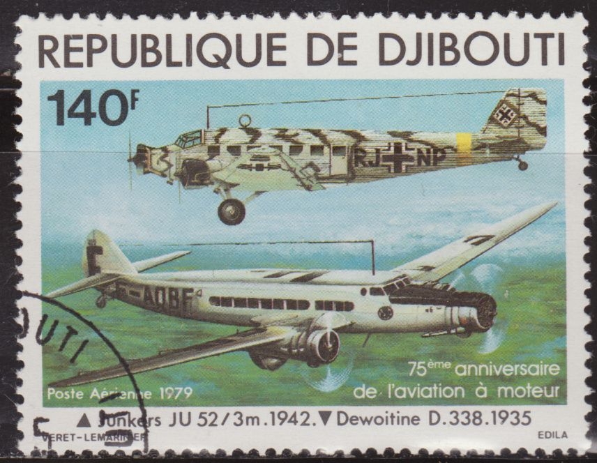 z vendido Djibouti 1979 Scott C124 Sello º Aviones Planes Junkers JU-52 y Dewoitini D-338 140F Correo Aereo